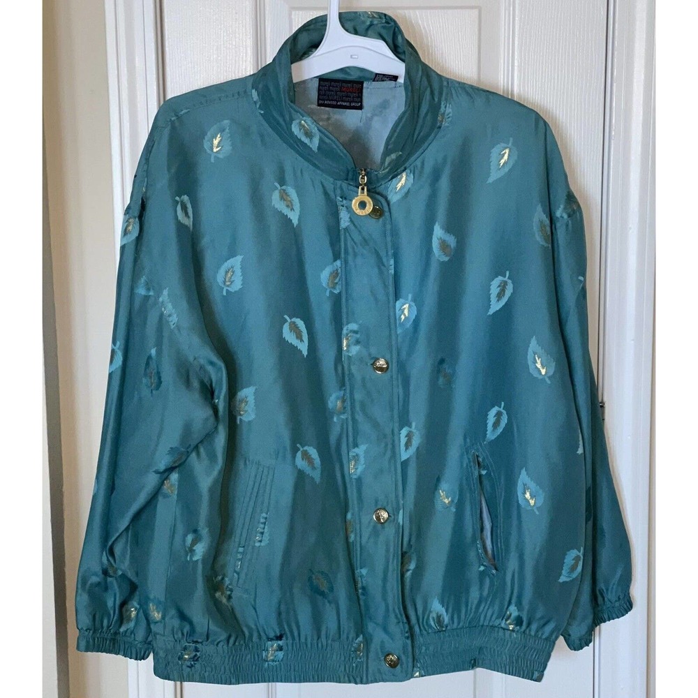 Women's Mureli 100% Silk Windbreaker Jacket Size Large Green‎ & Gold Leaves